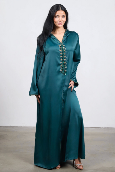 Pearl Line Djellaba Dress – Dark Green
